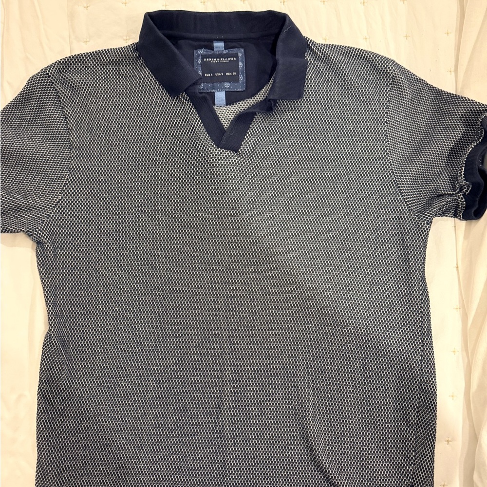 Denim & Flower Navy and White Microdot Knit Polo